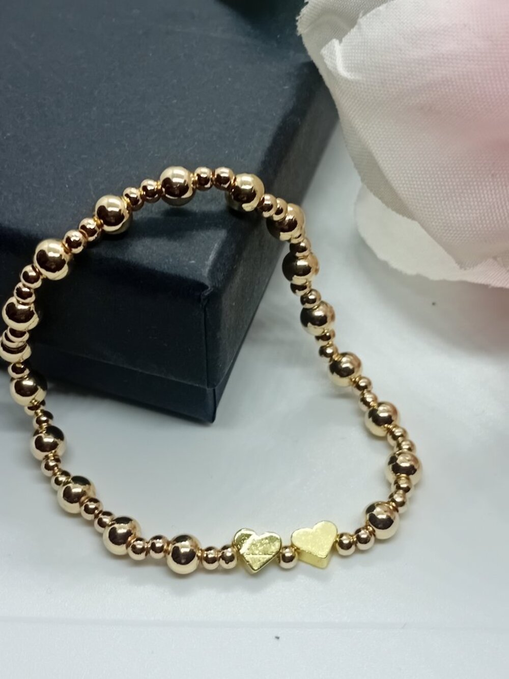 14K Gold Filled Stretch Bead Bracelet Gold Heart Charms 5MM / 3MM Stacks Women